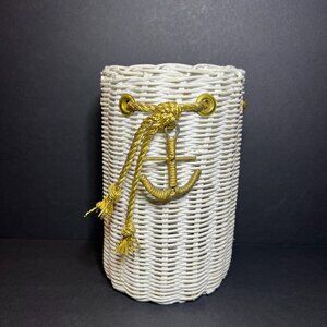 Vintage White & Gold Woven Wicker Nautical Anchor Basket Jar Canister 6.5 x 4"